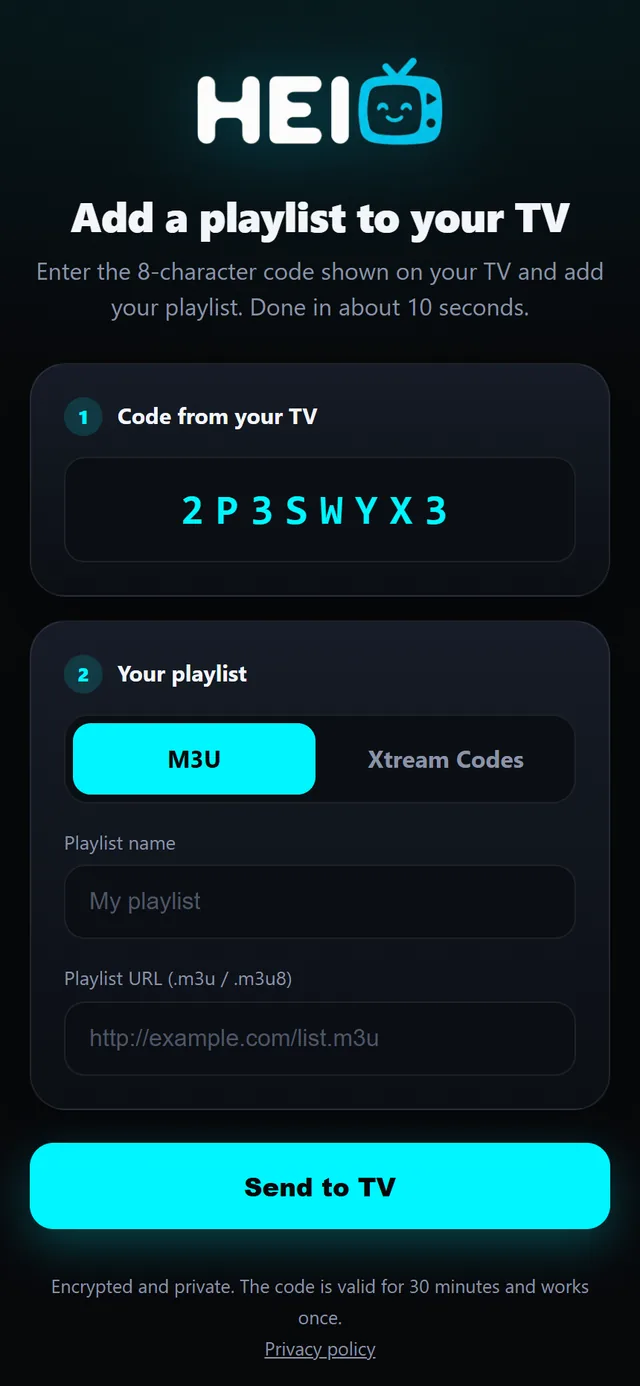 The add-playlist page on a phone with the TV code filled in