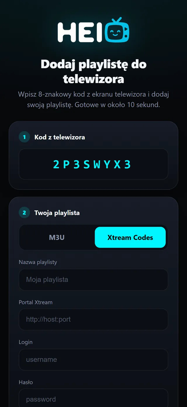 Strona dodawania playlisty na telefonie z wpisanym kodem z telewizora