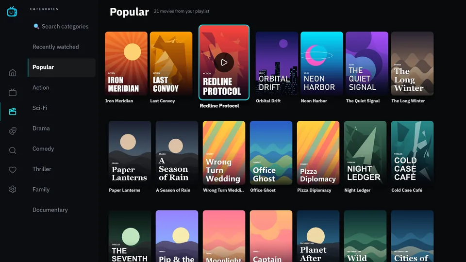 Movies screen with a category list on the left and a grid of posters