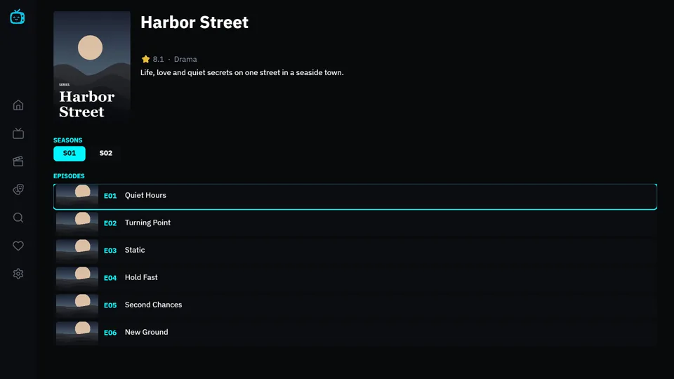 Series page with seasons S01 and S02 and a numbered list of episodes