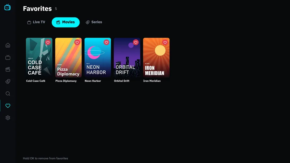 Favourites screen with Live TV, Movies and Series tabs