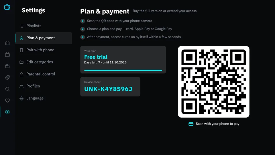 Settings, Plan & payment: the current plan, the Device ID and a QR code that opens the payment page